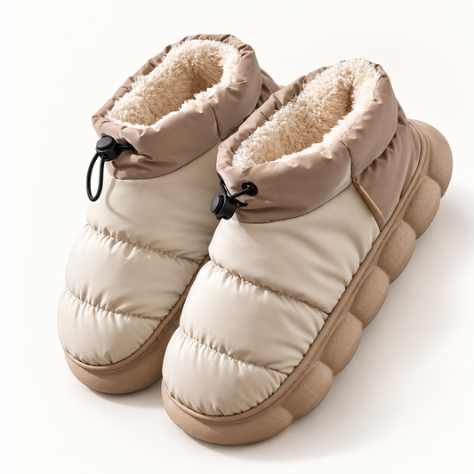 Women's quilted faux-fur-trim slipper boots in coffee, clear studio view