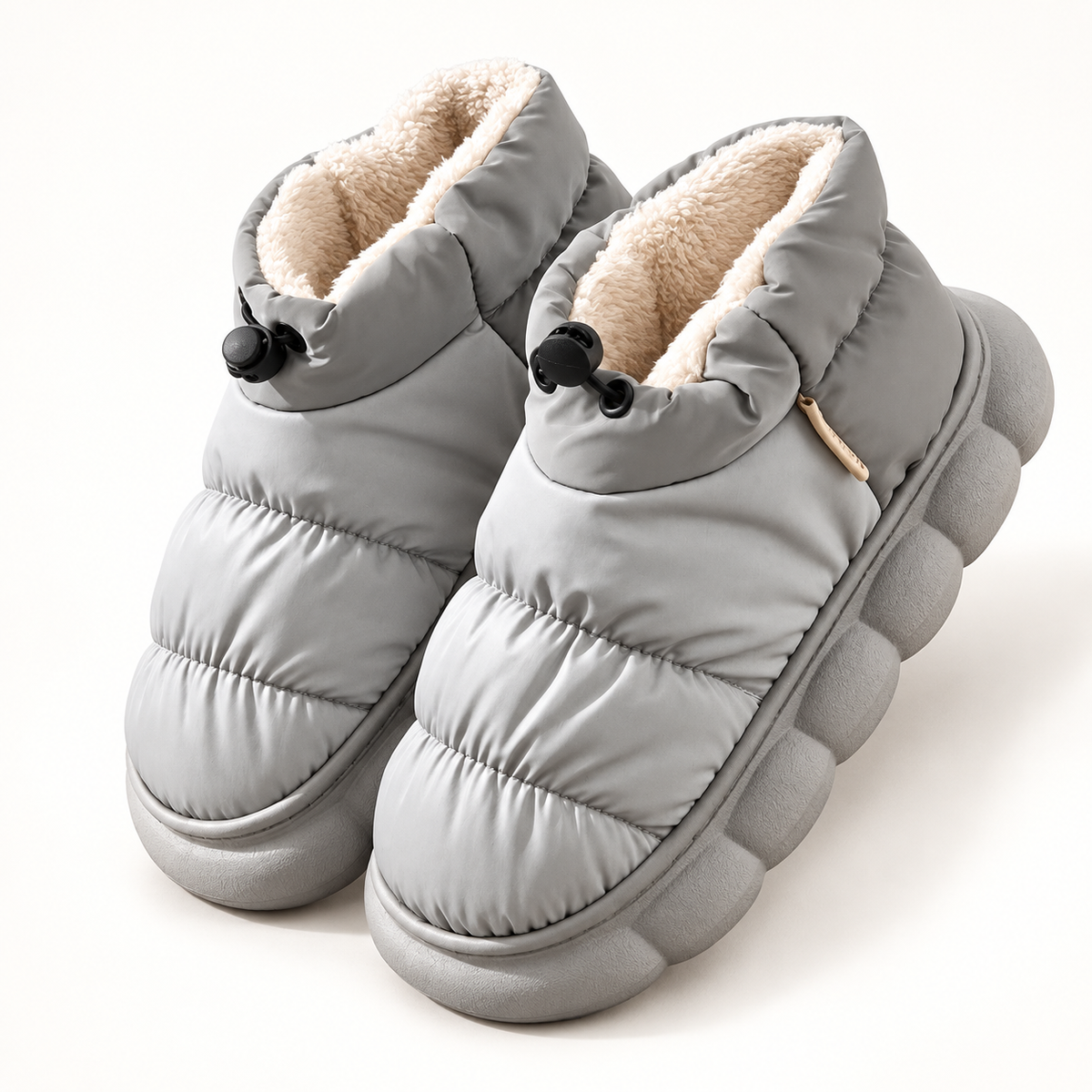 Women's quilted faux-fur-trim slipper boots in gray, clear studio view