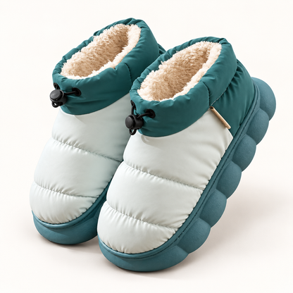 Women's quilted faux-fur-trim slipper boots in green, clear studio view