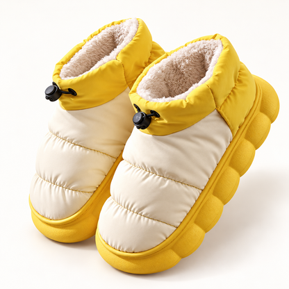 Women's quilted faux-fur-trim slipper boots in yellow, clear studio view