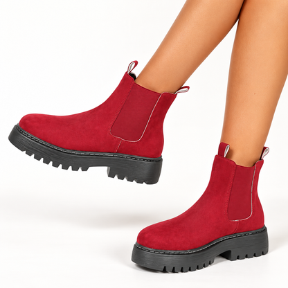 Women's chunky Chelsea boots in red, on-foot view