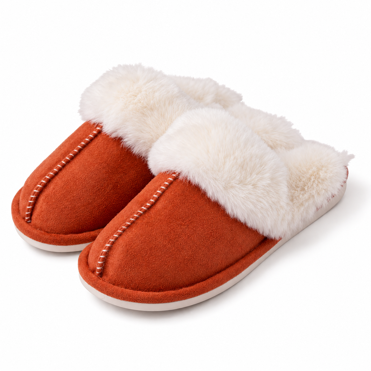 Women's faux-fur-trim backless slippers in Brick Red, clear product view