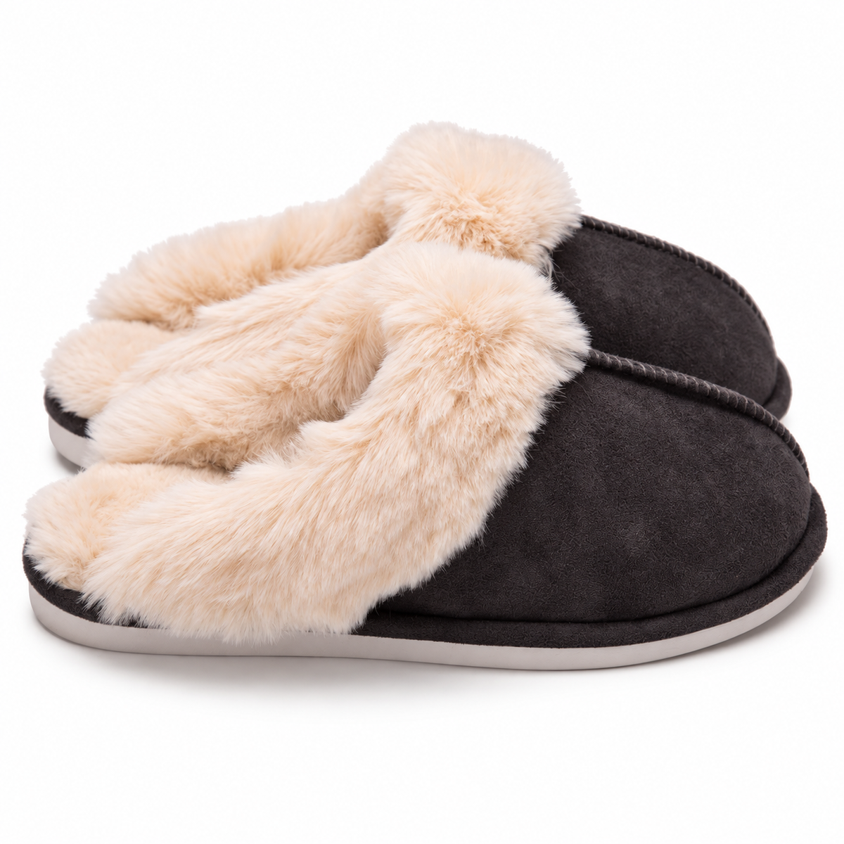 Women's faux-fur-trim backless slippers in Grey, clear product view