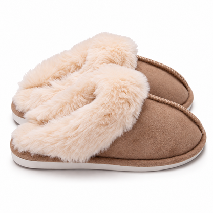 Women's faux-fur-trim backless slippers in Khaki, clear product view