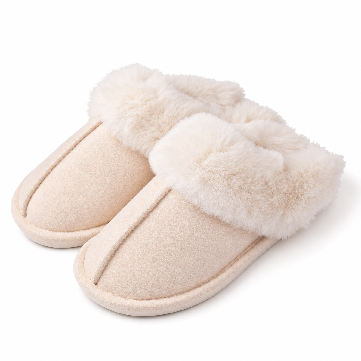 Women's faux-fur-trim backless slippers in Off White, clear product view