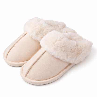 Women's faux-fur-trim backless slippers in Off White, clear product view