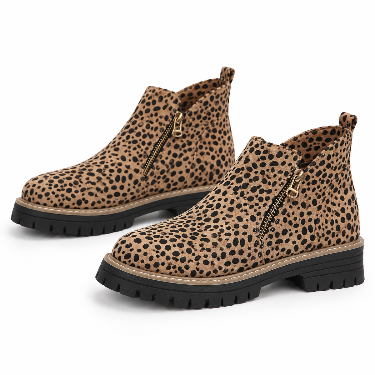 Women's suede-look side-zip ankle boots, Leopard Brown option, clear product view