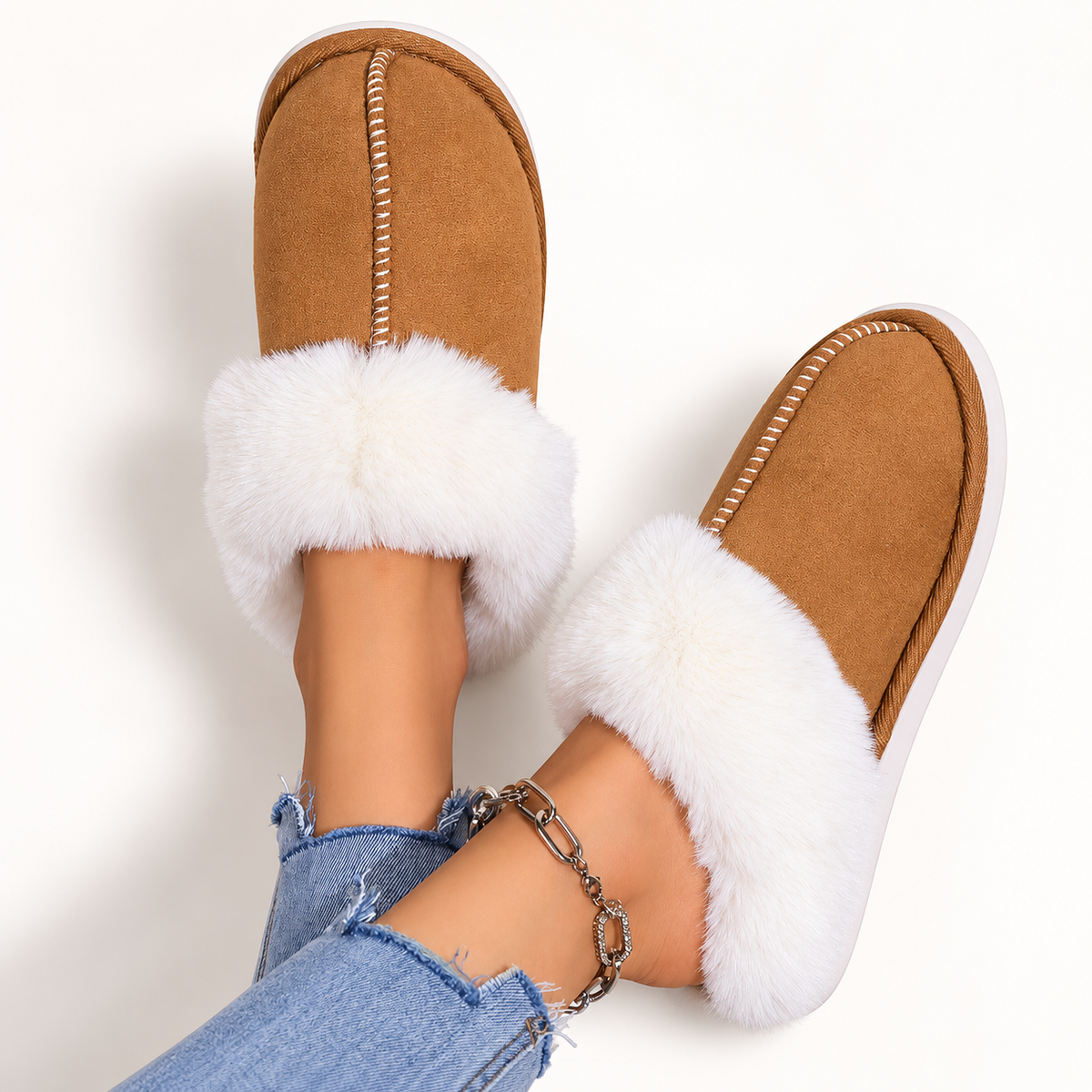 Women's faux-fur-trim backless slippers in Brown, clear product view