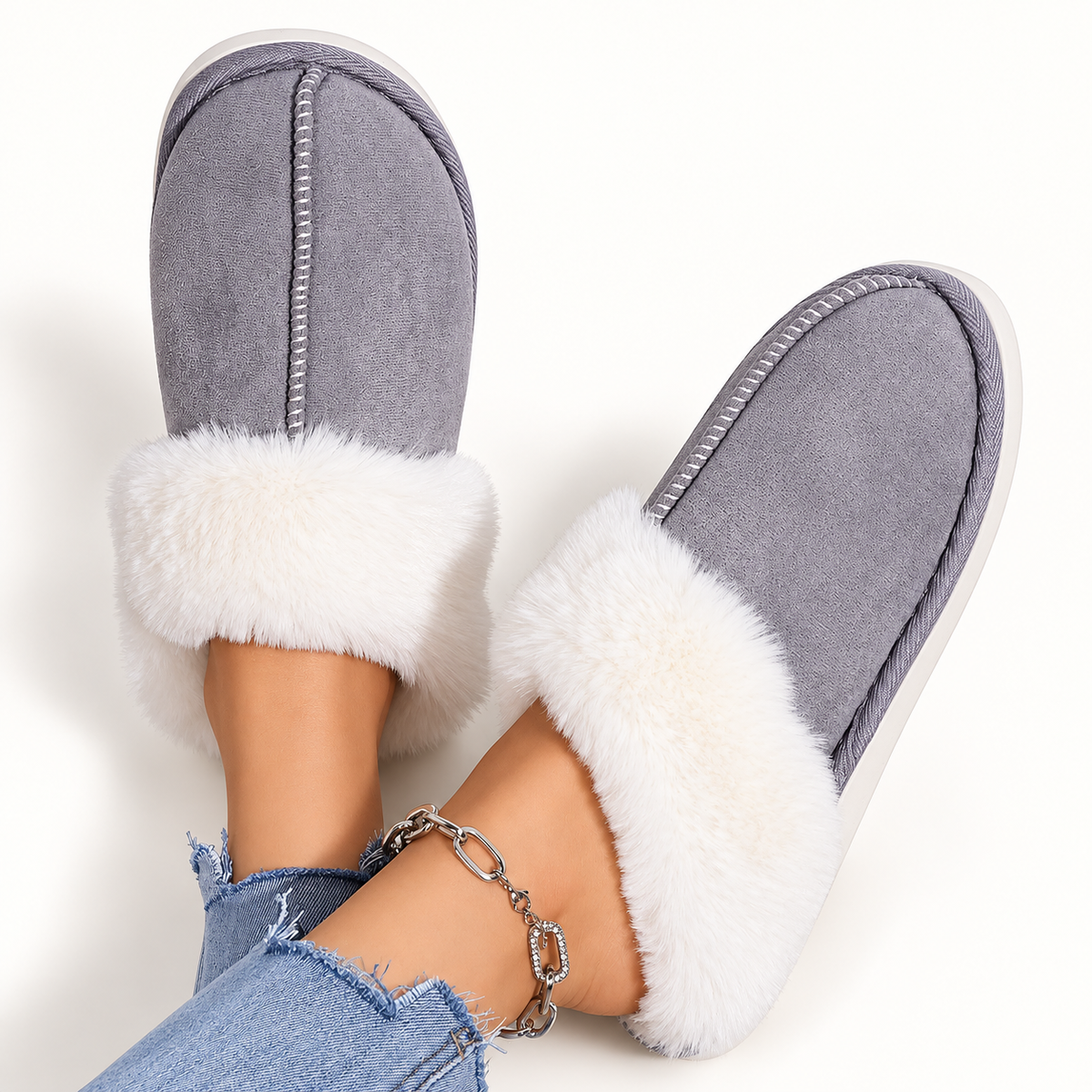 Women's faux-fur-trim backless slippers in Gray, clear product view