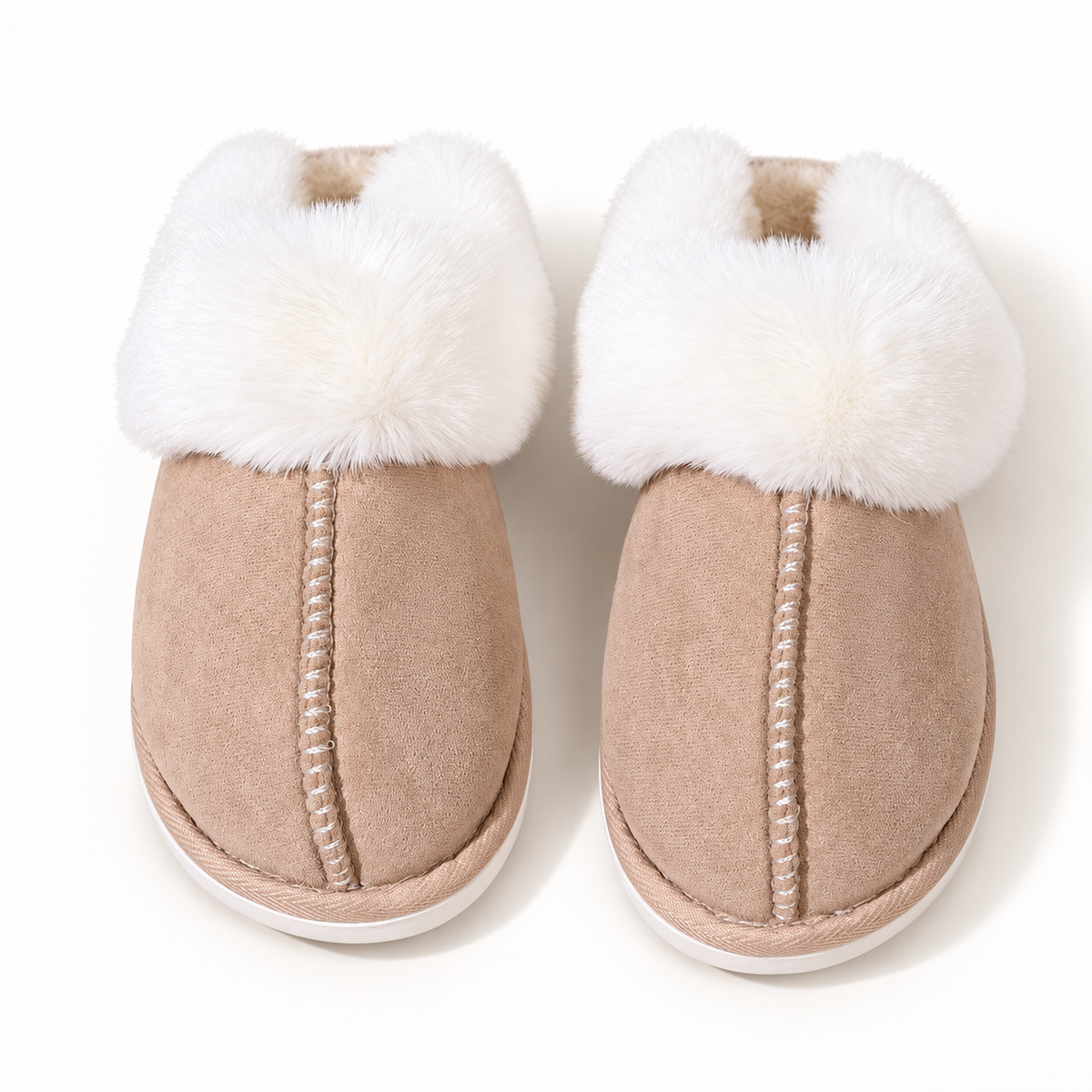 Women's faux-fur-trim backless slippers in Khaki, clear product view