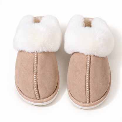 Women's faux-fur-trim backless slippers in Khaki, clear product view
