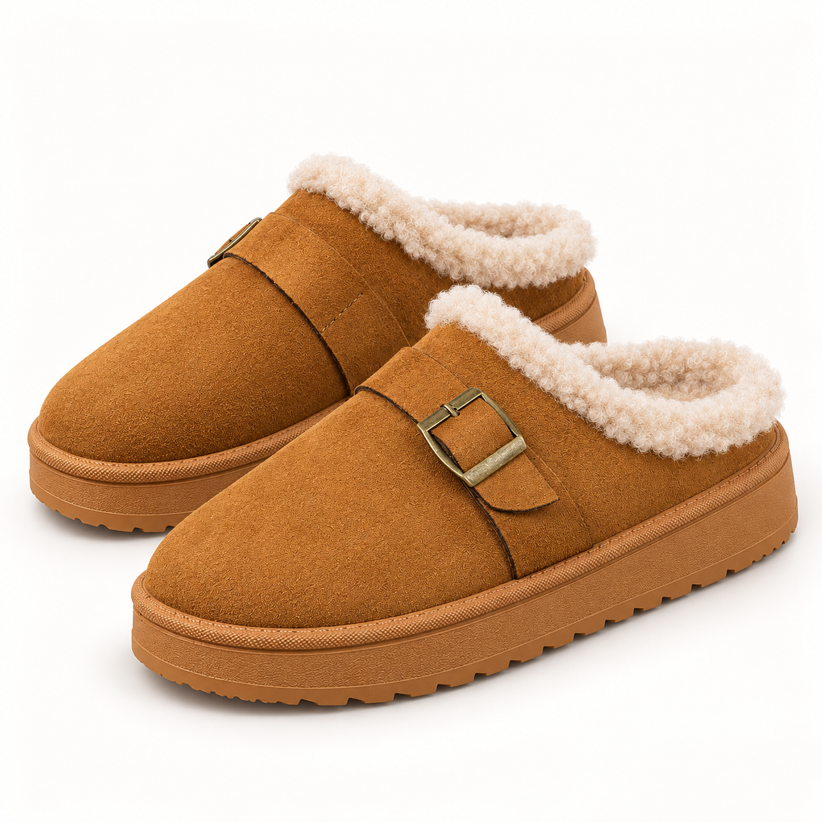 Camel buckle clog slippers with cream faux-fur trim on a clean studio background