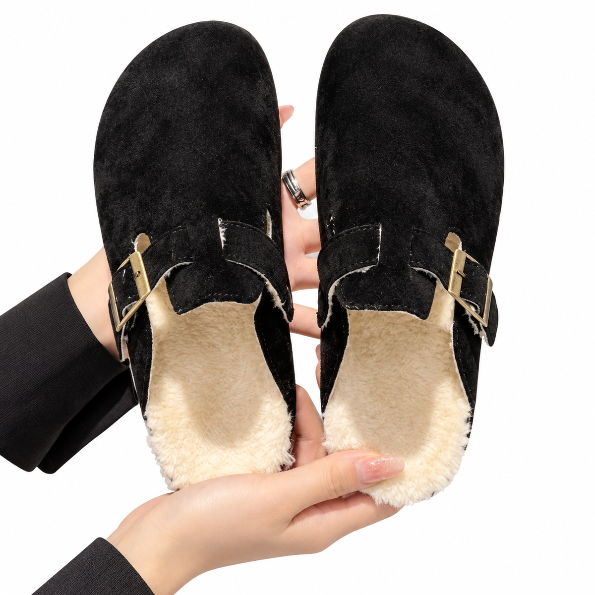 Women's faux-fur-trim buckle clog slippers in Black, clear product and lining view