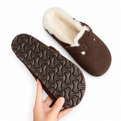 Women's faux-fur-trim buckle clog slippers in Brown, clear product and lining view