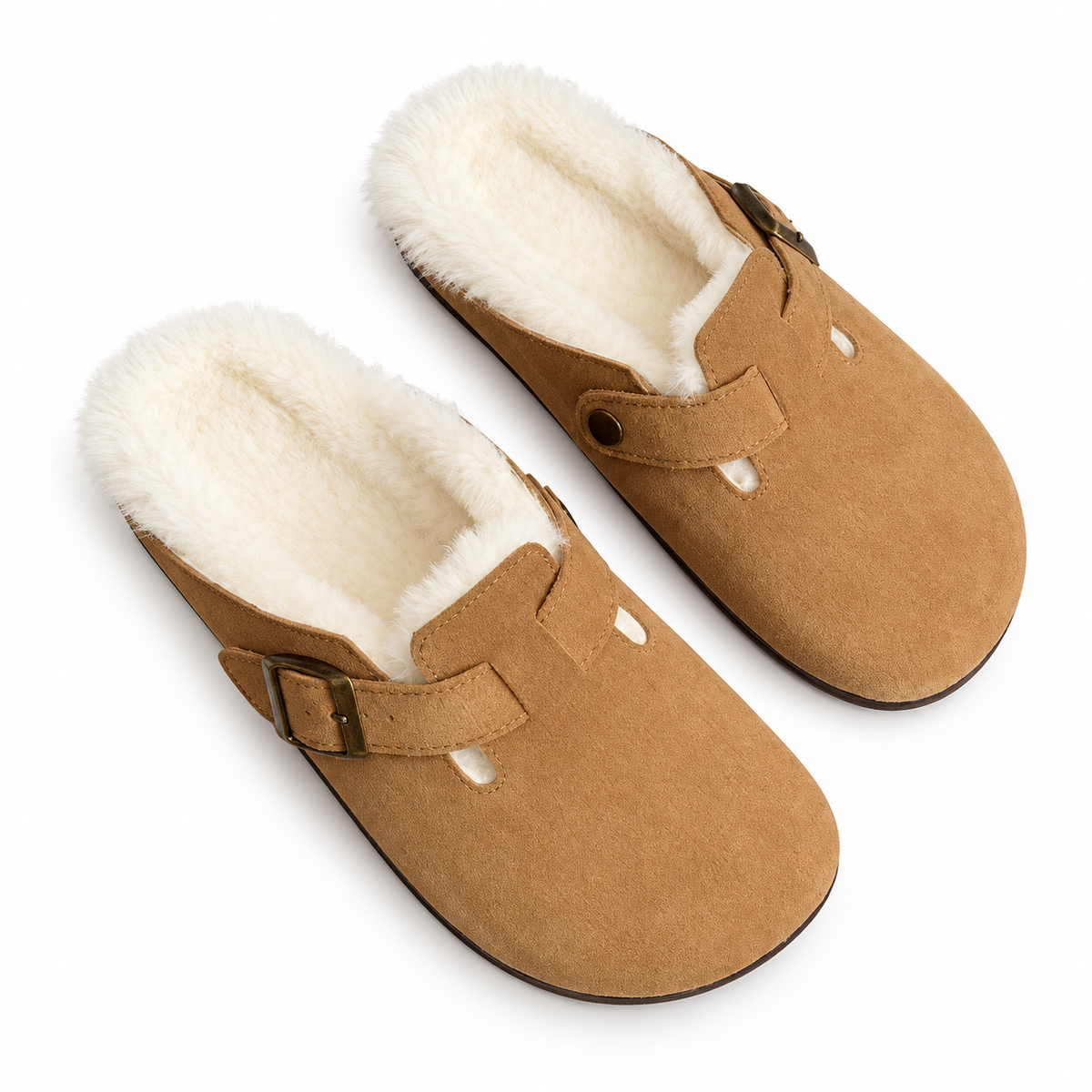 Women's faux-fur-trim buckle clog slippers in Camel, clear product and lining view