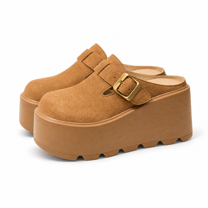 Women's chestnut buckle platform clogs on a white background