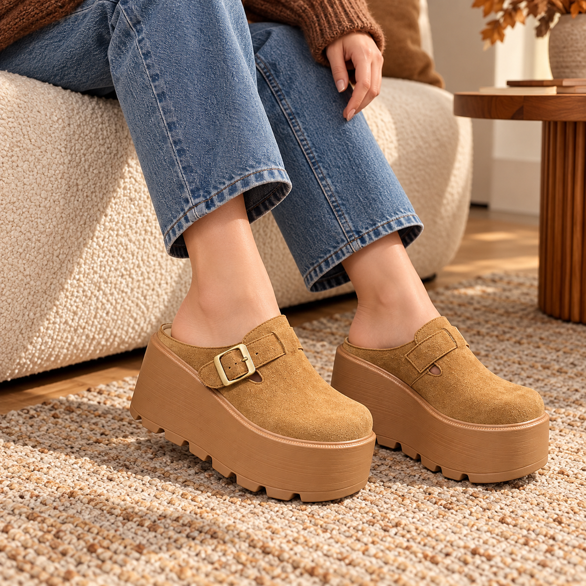 Chestnut buckle platform clogs worn with jeans indoors