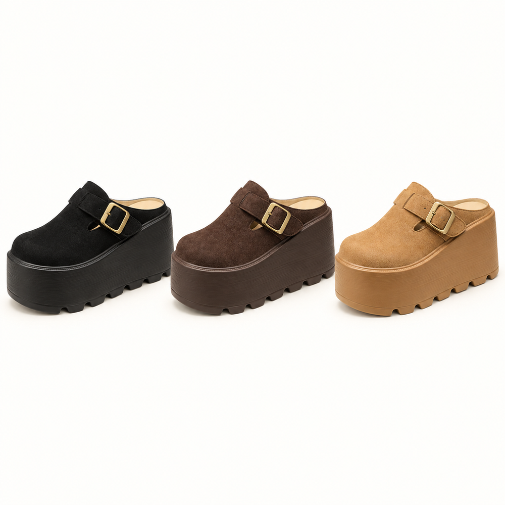 Buckle platform clogs in black, chocolate and chestnut
