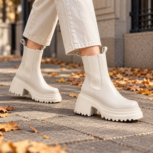Cream chunky Chelsea boots worn on an autumn city pavement