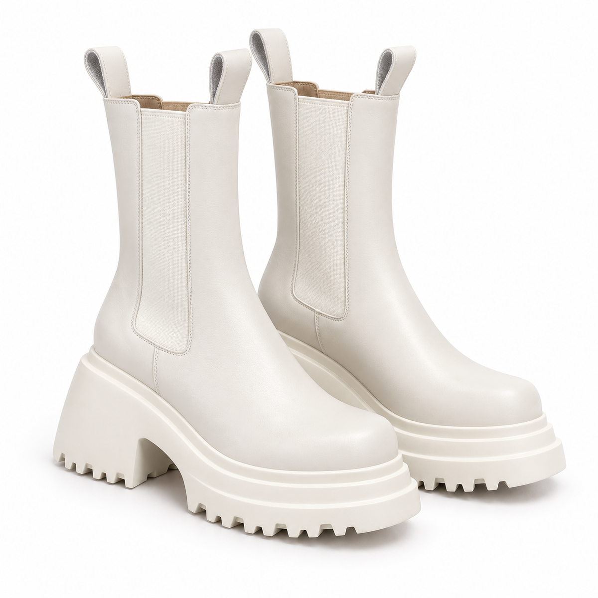 Women's cream chunky lug sole Chelsea boots on a white background
