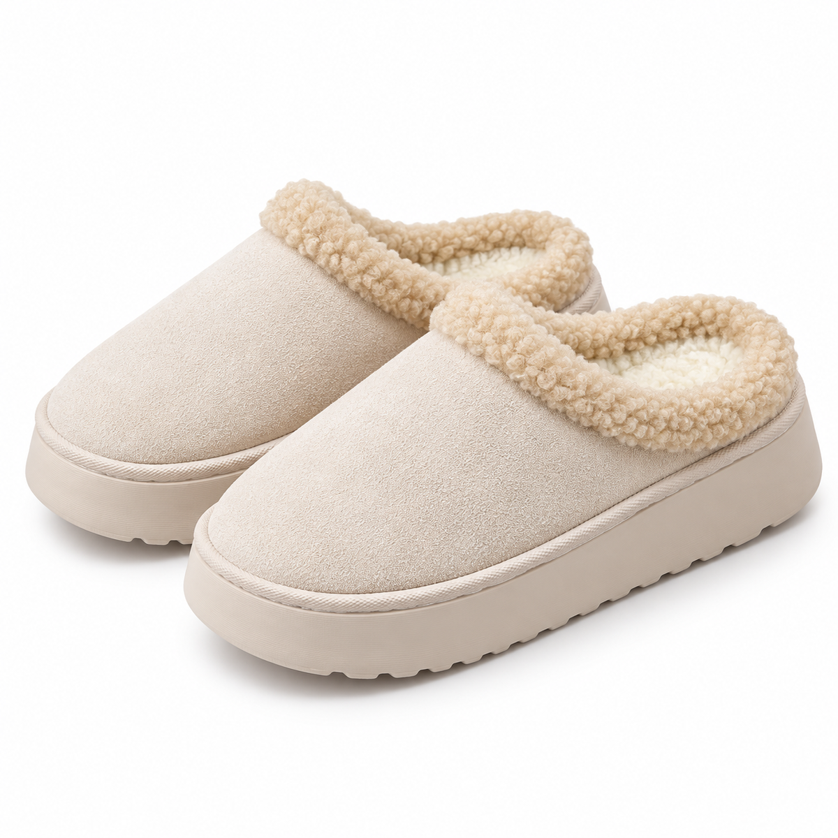 Women's cream plush cuff slippers on a white background