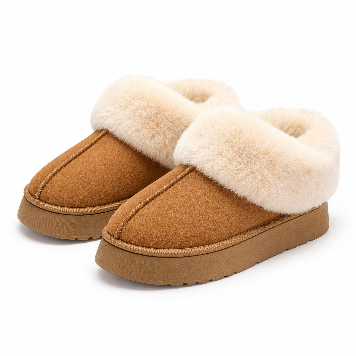 Women's chestnut fur cuff slipper booties on a white background