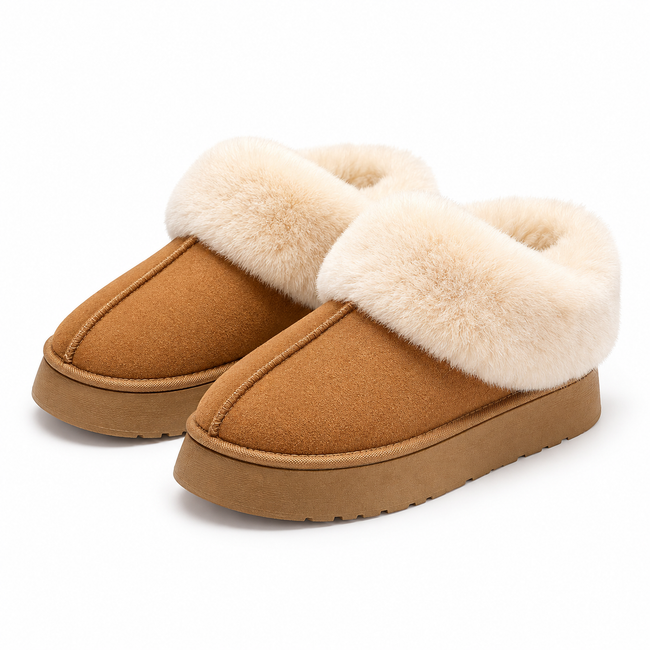 Women's chestnut fur cuff slipper booties on a white background