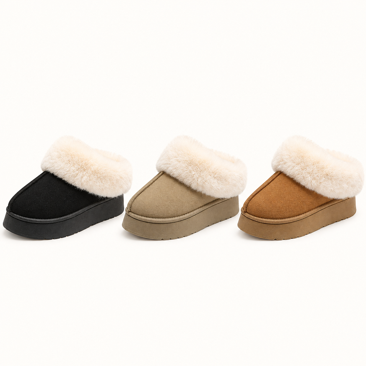 Fur cuff slipper booties in black, taupe and chestnut