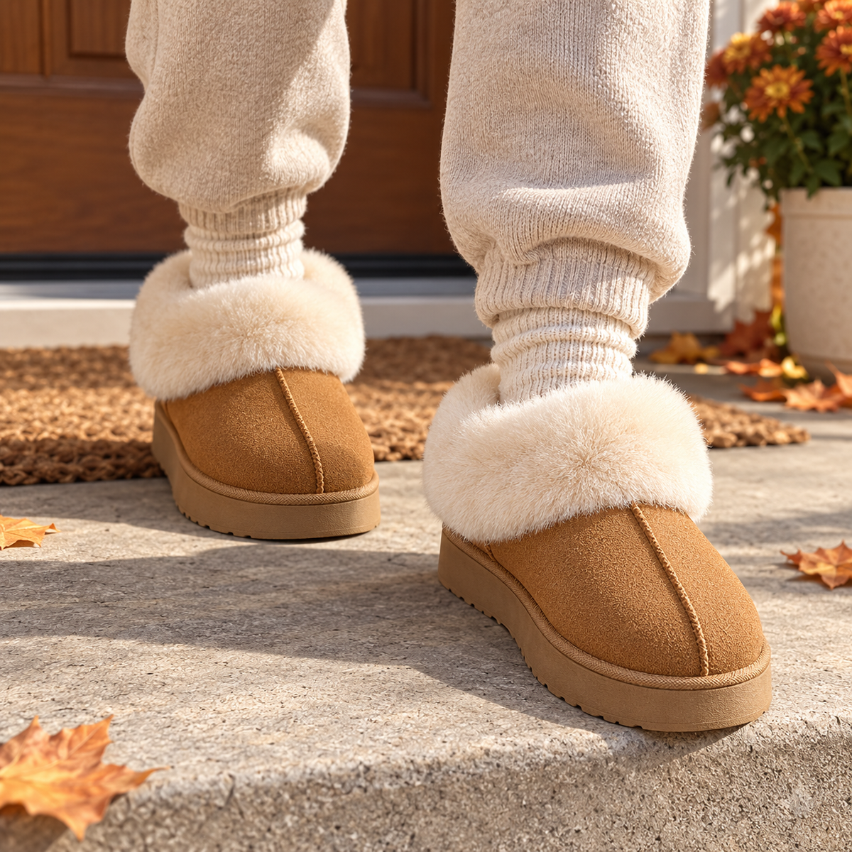 Chestnut fur cuff slipper booties worn at a doorway