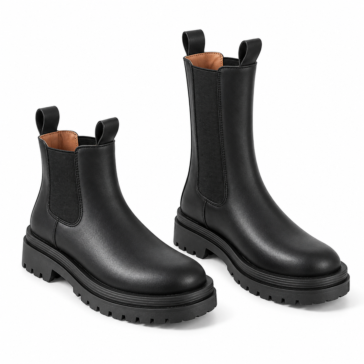 Women's black lug sole Chelsea boots in ankle and tall shaft heights