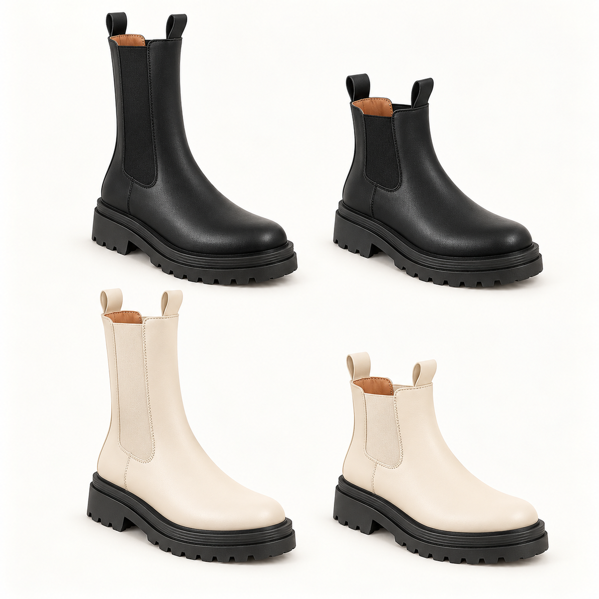Lug sole Chelsea boots in black and cream with ankle and tall shaft heights