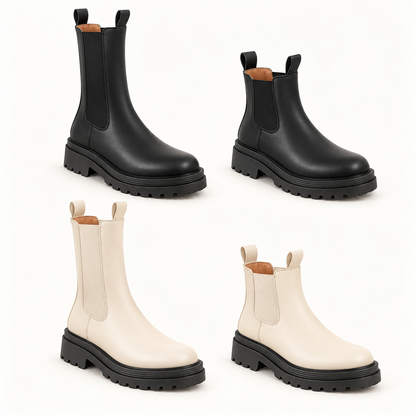 Lug sole Chelsea boots in black and cream with ankle and tall shaft heights