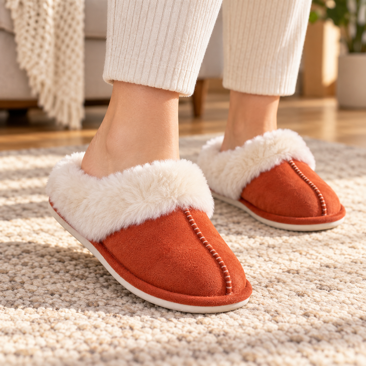 Brick Red faux-fur-trim slippers worn on feet