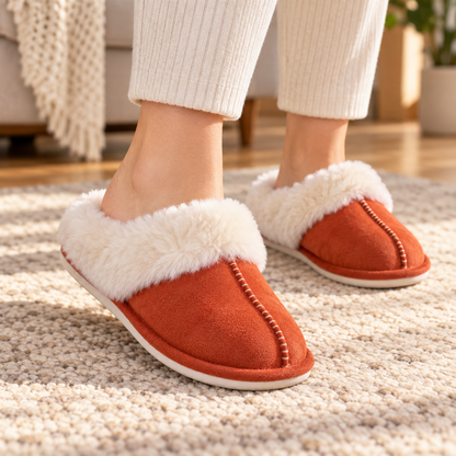 Brick Red faux-fur-trim slippers worn on feet