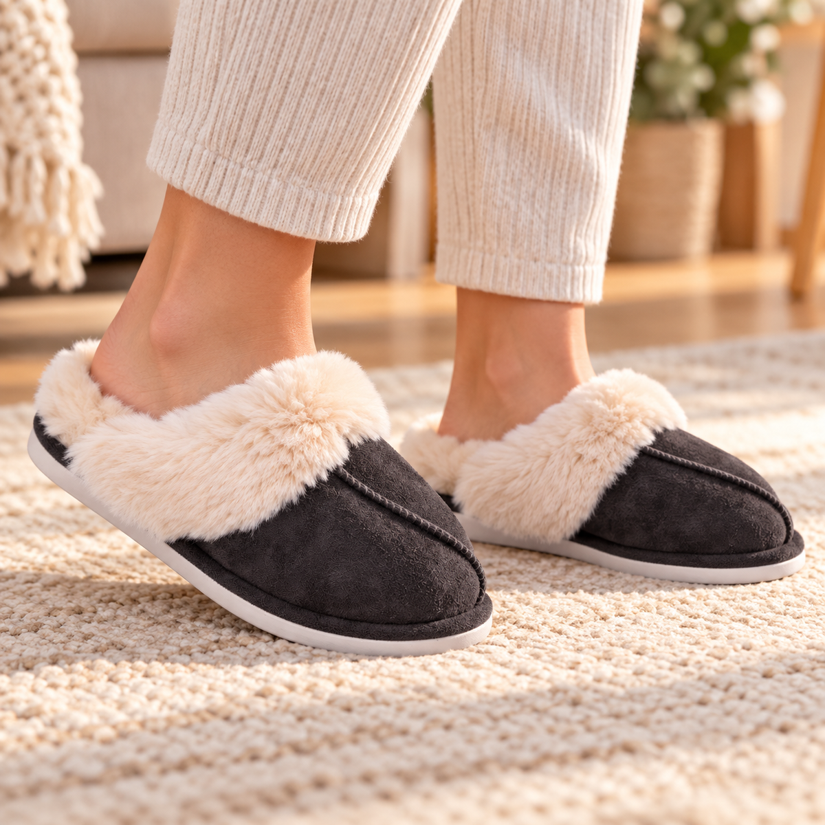 Grey faux-fur-trim slippers worn on feet