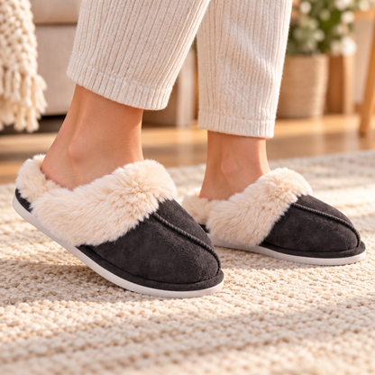 Grey faux-fur-trim slippers worn on feet