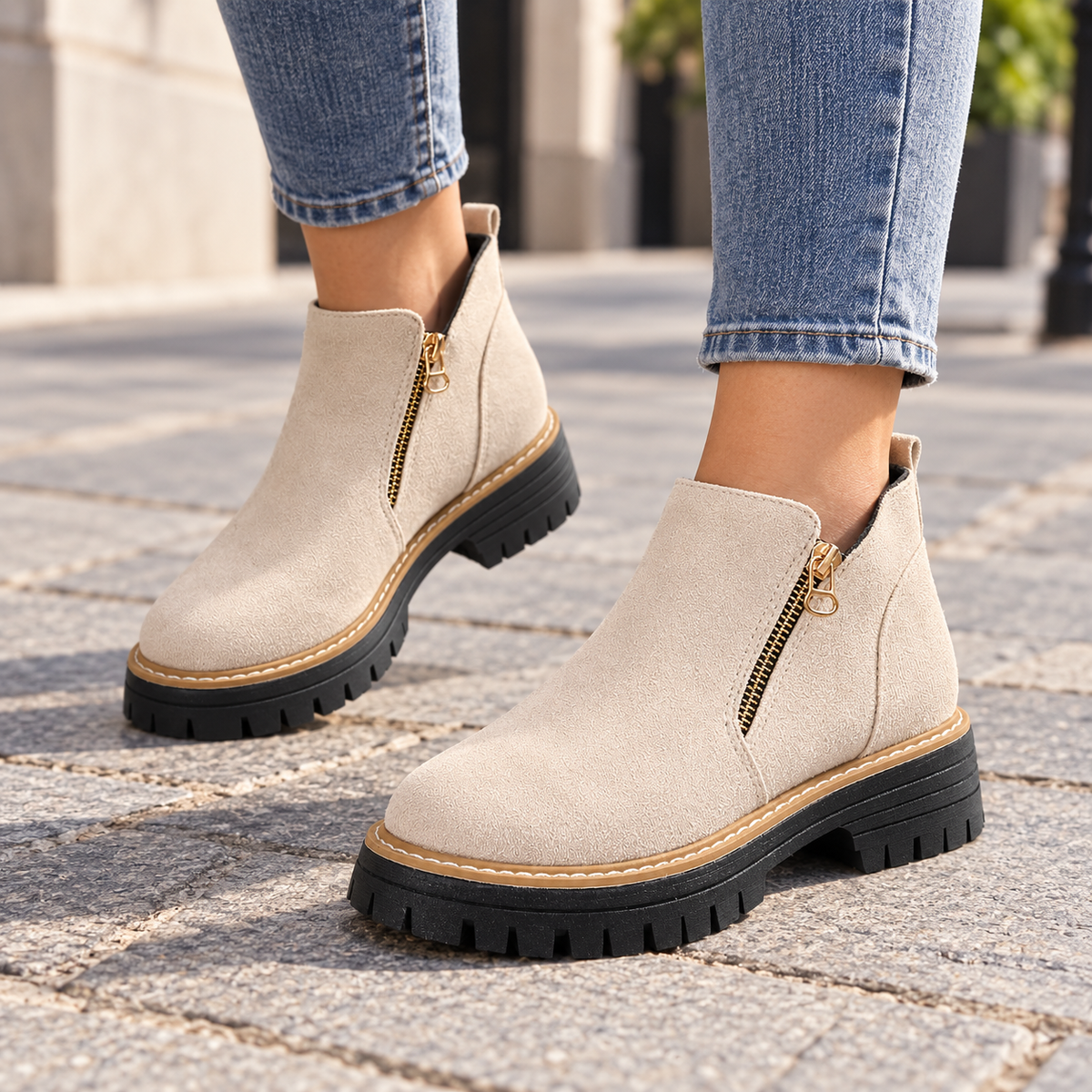 Beige suede-look side-zip ankle boots worn on feet