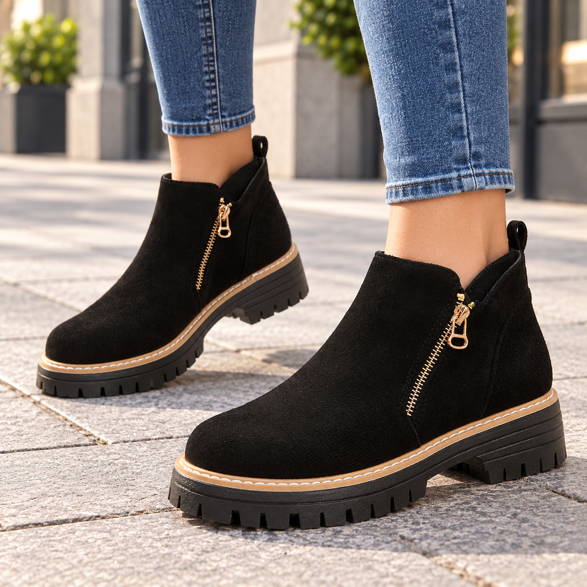 Black suede-look side-zip ankle boots worn on feet