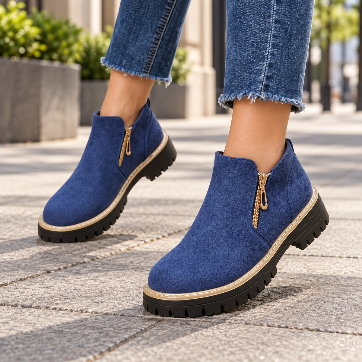 Blue suede-look side-zip ankle boots worn on feet