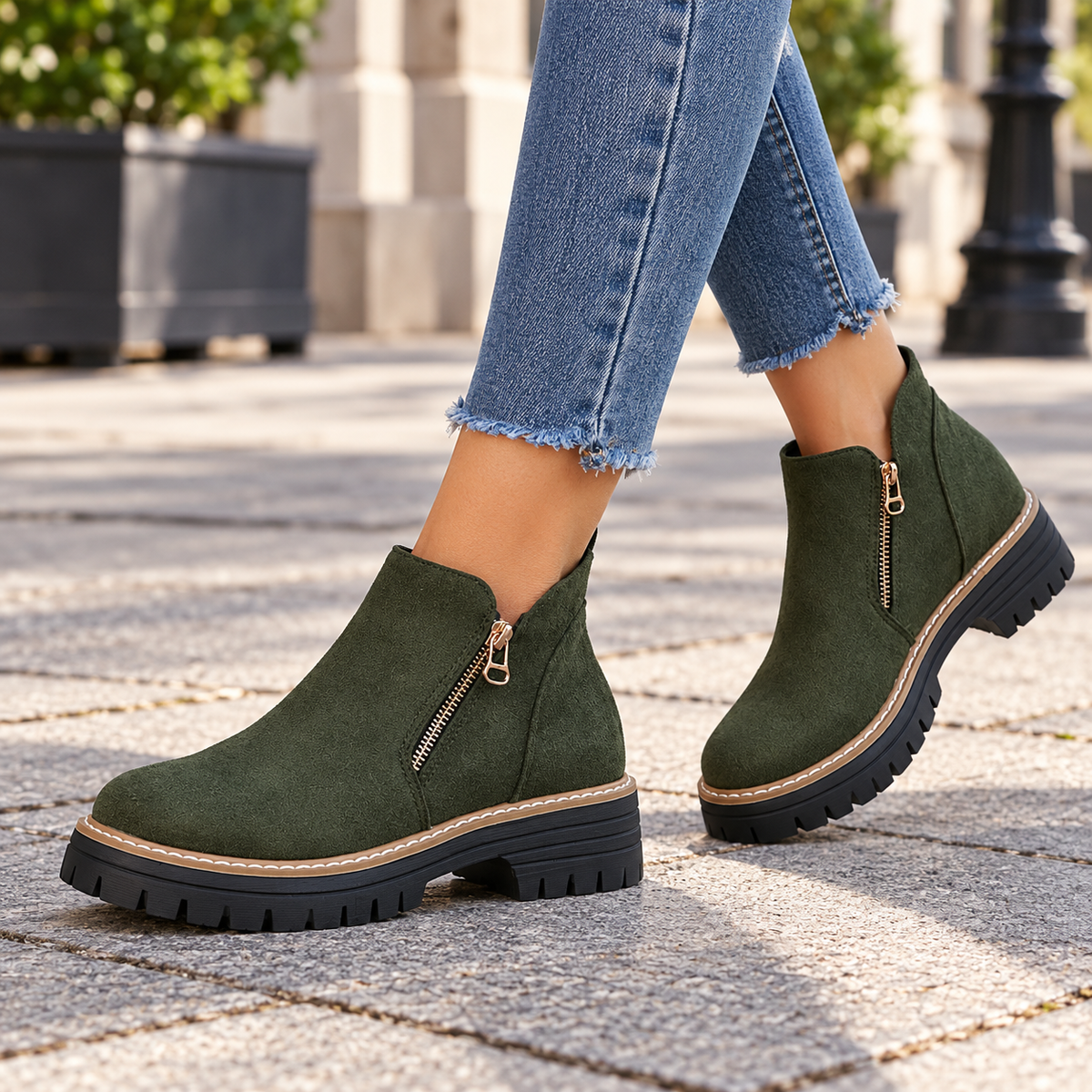 Green suede-look side-zip ankle boots worn on feet