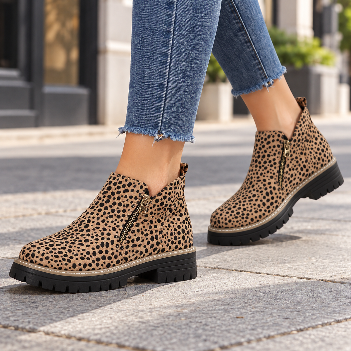 Leopard Brown suede-look side-zip ankle boots worn on feet