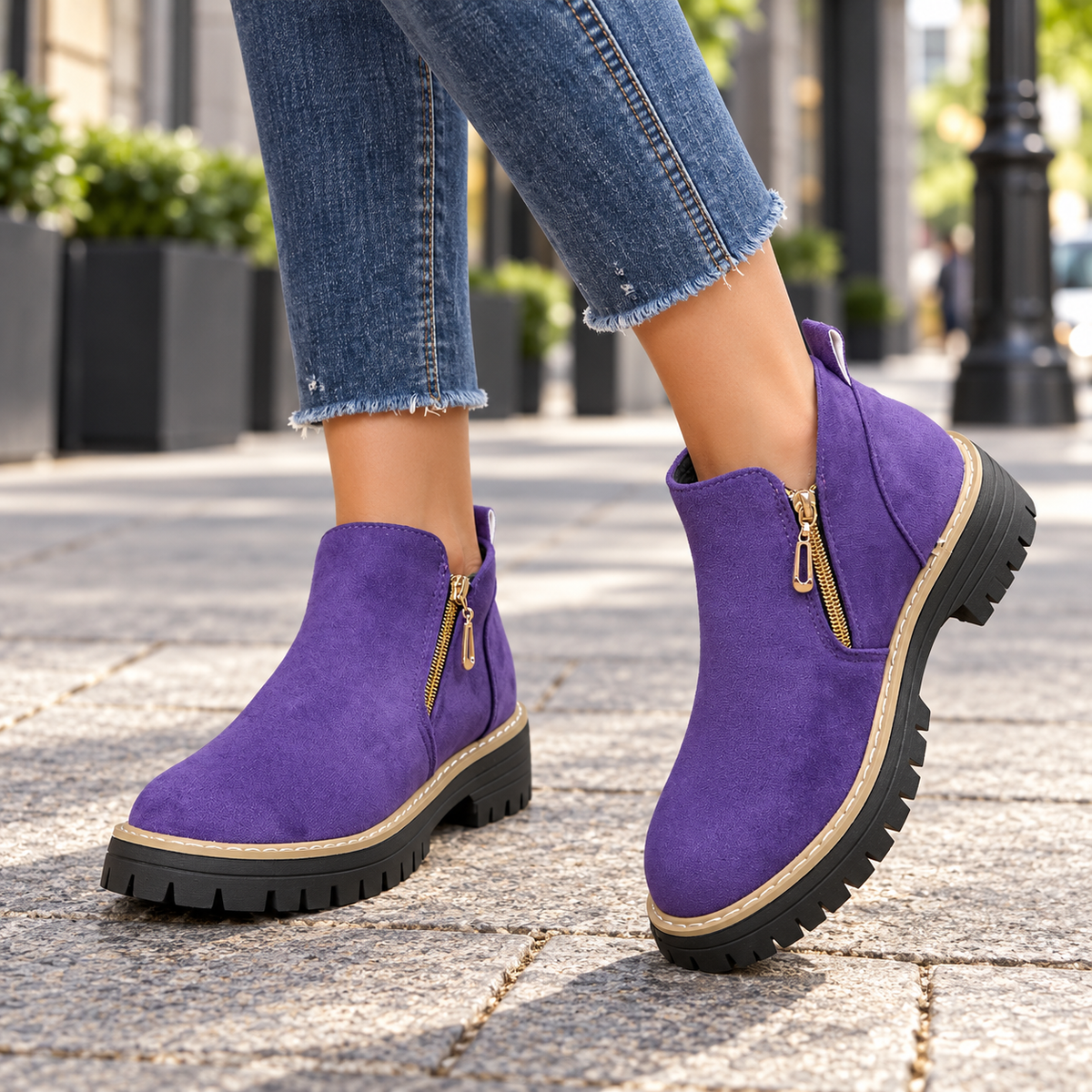 Purple suede-look side-zip ankle boots worn on feet