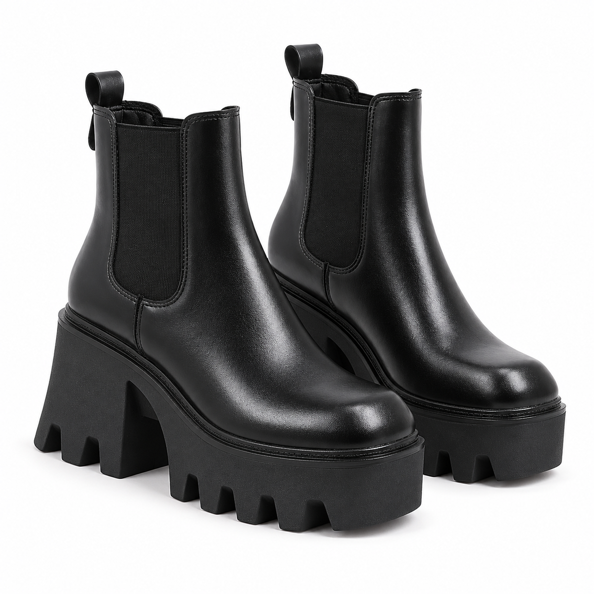 Women's black platform heel Chelsea boots on a white background