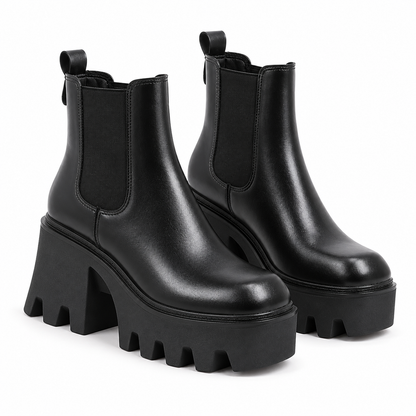 Women's black platform heel Chelsea boots on a white background