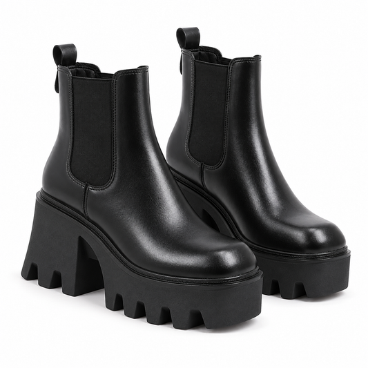 Women's black platform heel Chelsea boots on a white background