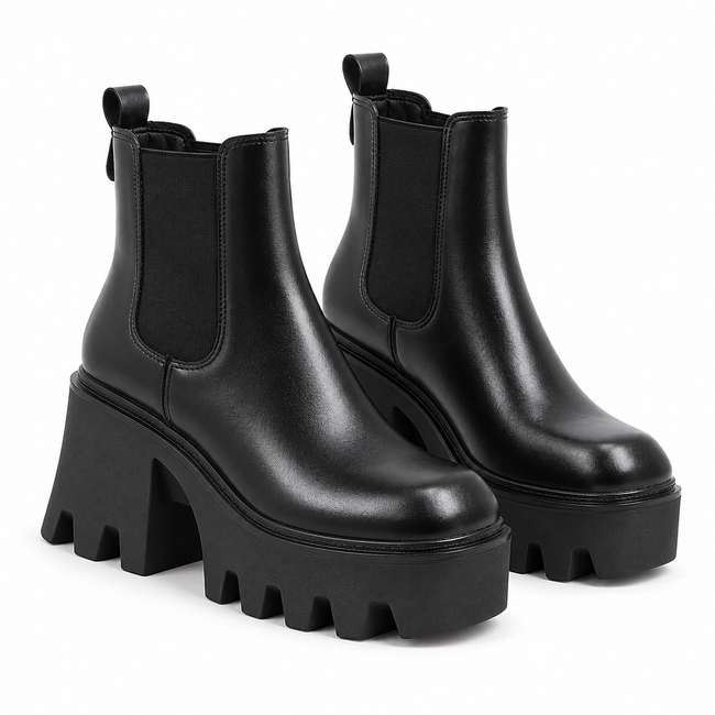 Women's black platform heel Chelsea boots on a white background