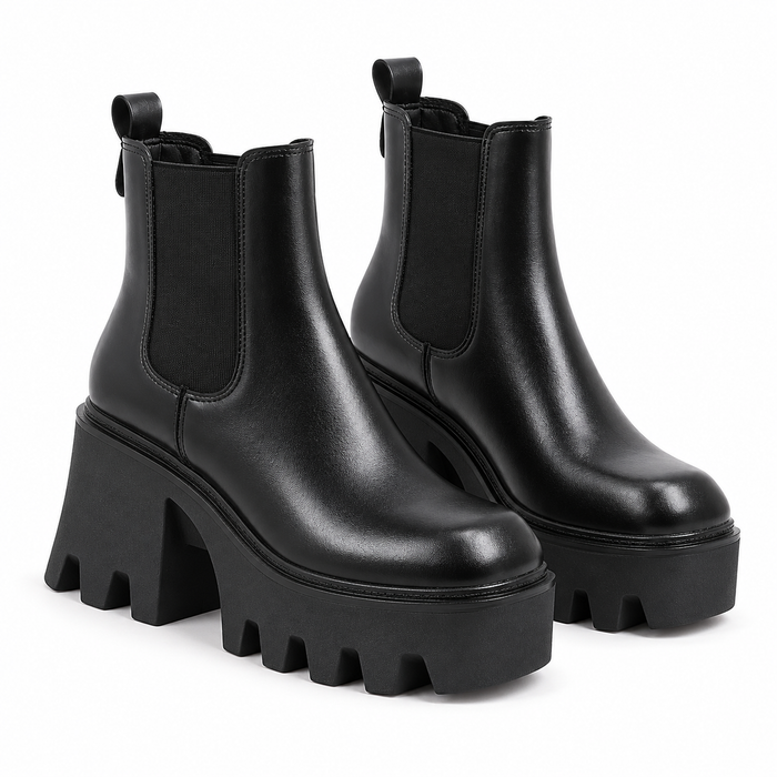 Women's black platform heel Chelsea boots on a white background