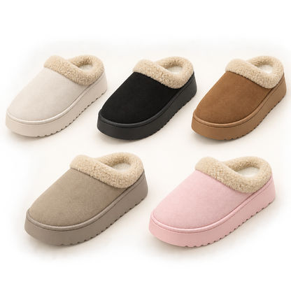 Plush cuff slippers in cream, black, chocolate, taupe and soft pink