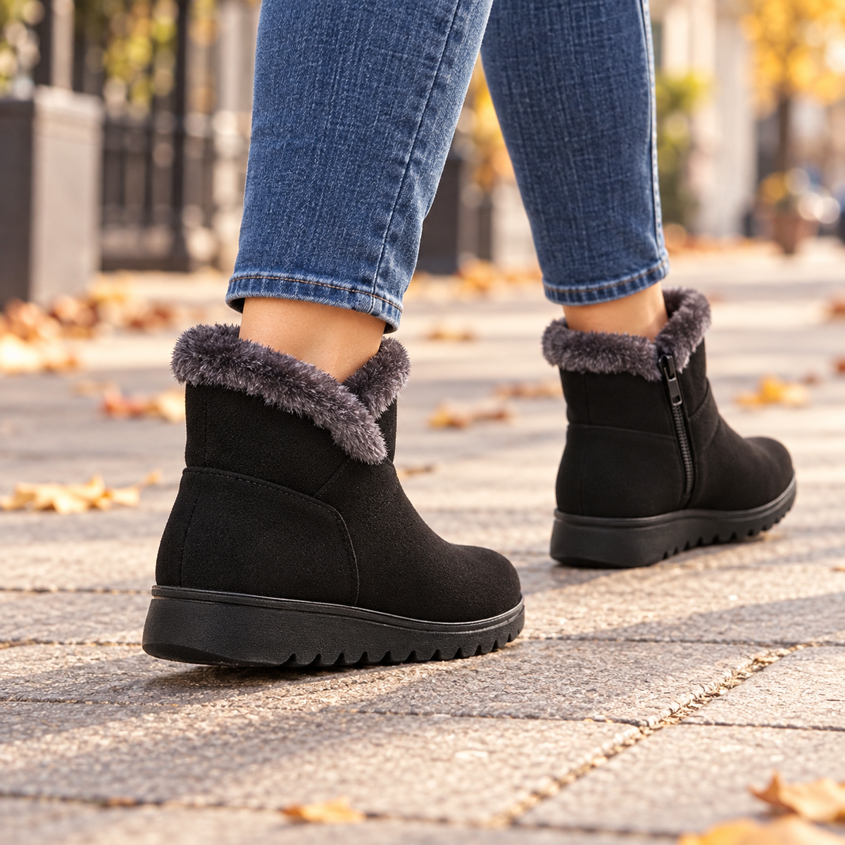 On-foot lifestyle view: women's faux-fur-trim side-zip winter boots in Black, worn from rear angle