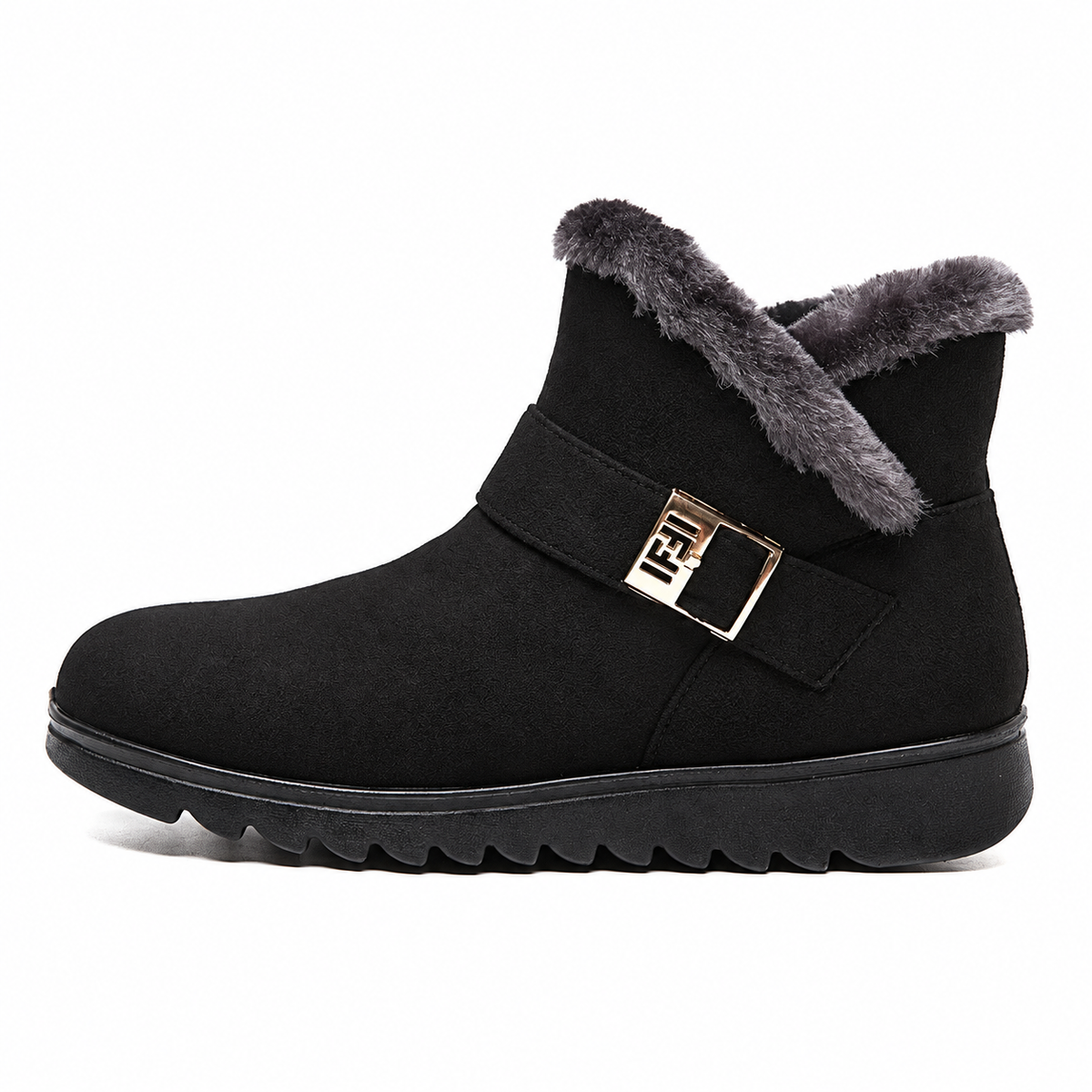 Women's faux-fur-trim side-zip winter boot in Black, clear studio product view